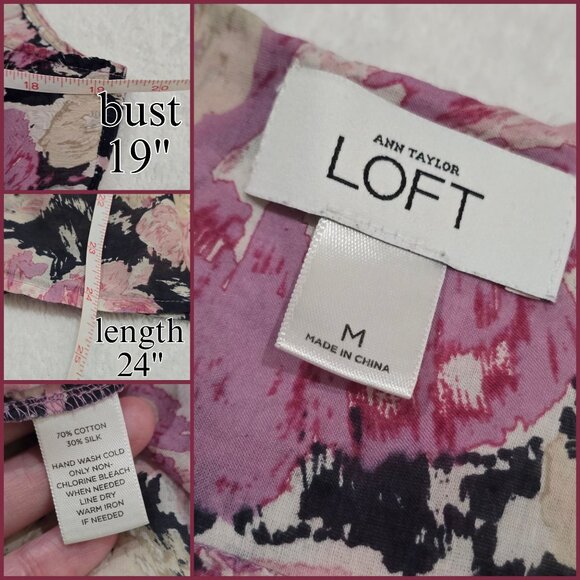 Ann Taylor Loft Floral Silk Tank M – Pink Black Sleeveless Blouse EUC Soft Chic - Picture 8 of 9